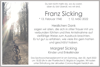 Traueranzeige von Franz Sicking von Münstersche Zeitung und Münsterland Zeitung