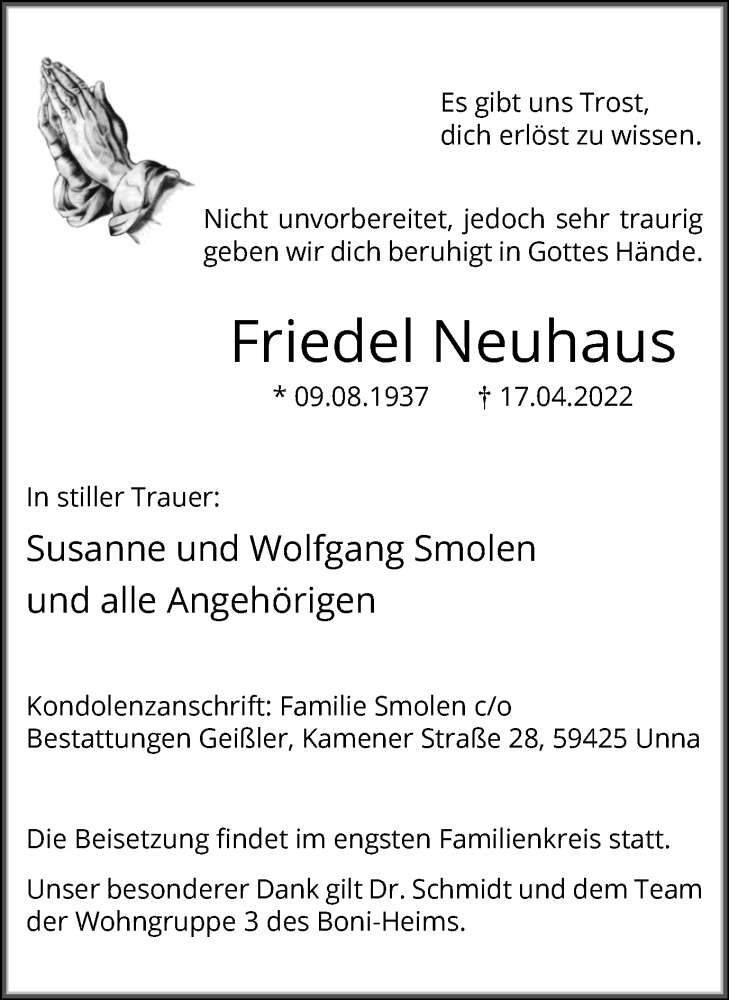  Traueranzeige für Friedel Neuhaus vom 20.04.2022 aus Hellweger Anzeiger