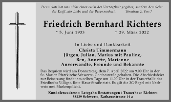Traueranzeige von Friedrich Bernhard Richters von Ruhr Nachrichten