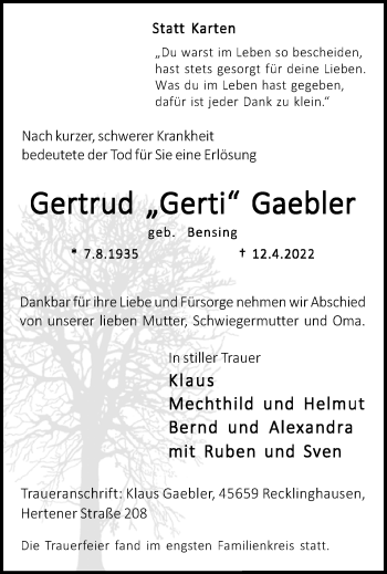 Traueranzeige von Gertrud  Gaebler von Medienhaus Bauer