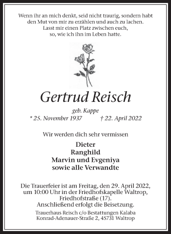 Traueranzeige von Gertrud Reisch von Medienhaus Bauer