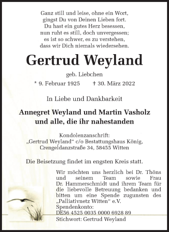 Traueranzeige von Gertrud Weyland 