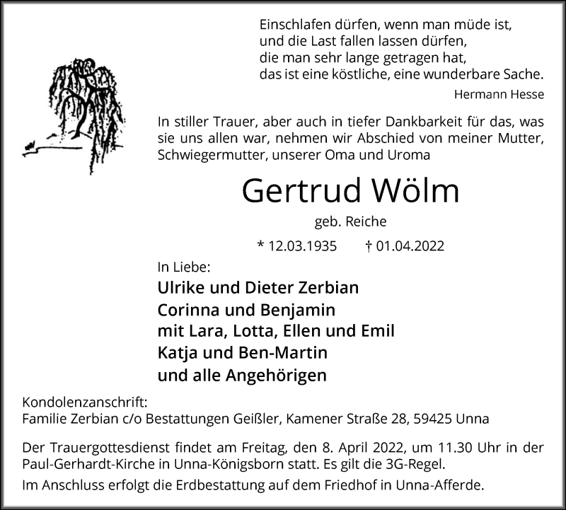  Traueranzeige für Gertrud Wölm vom 05.04.2022 aus Hellweger Anzeiger