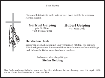 Traueranzeige von Gertrud und Hubert Geiping von Ruhr Nachrichten