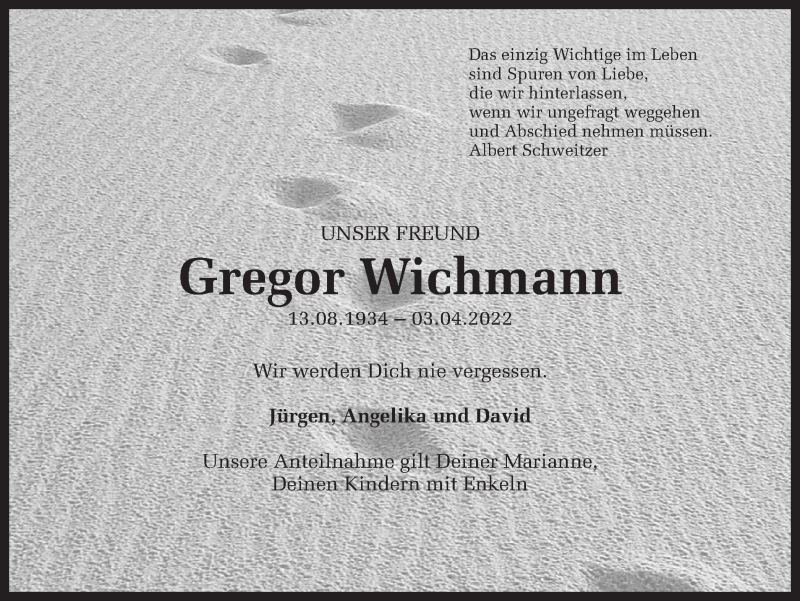  Traueranzeige für Gregor Wichmann vom 13.04.2022 aus Ruhr Nachrichten