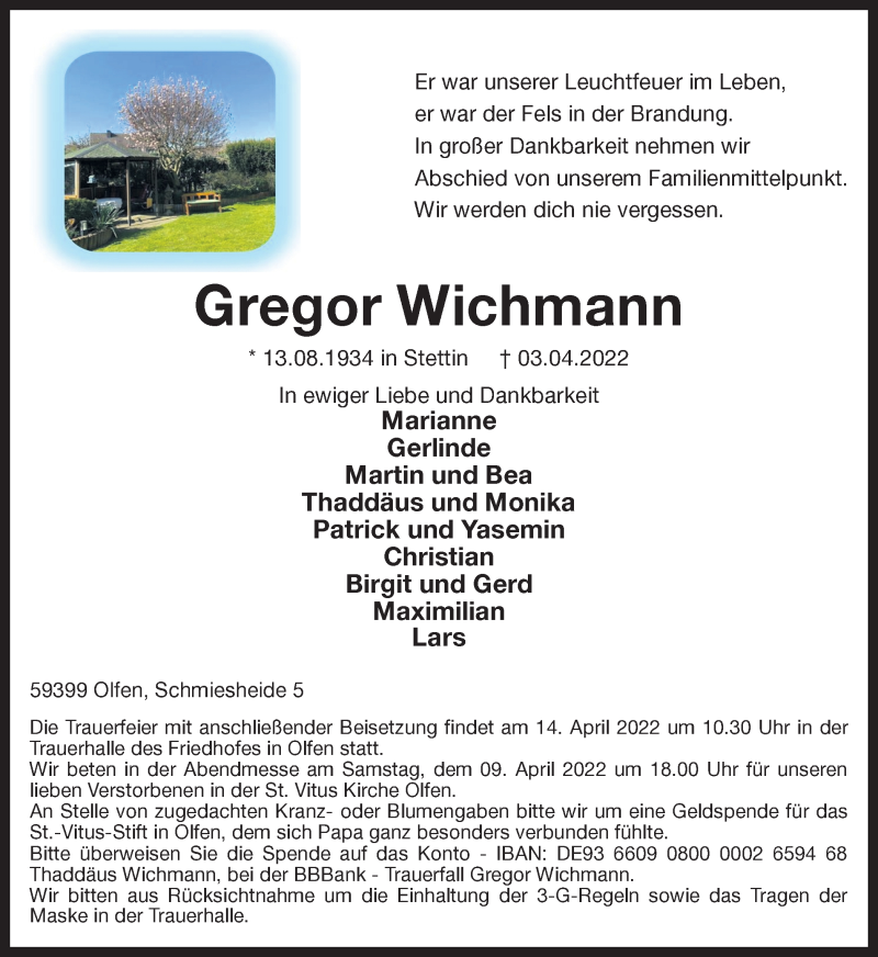  Traueranzeige für Gregor Wichmann vom 09.04.2022 aus Ruhr Nachrichten