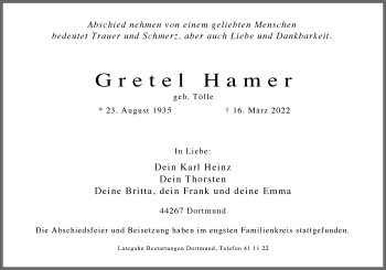 Traueranzeige von Gretel Hamer 