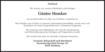 Traueranzeige von Günter Hemker 