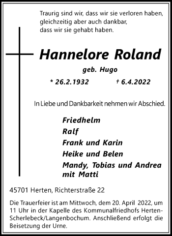 Traueranzeige von Hannelore Roland von Medienhaus Bauer