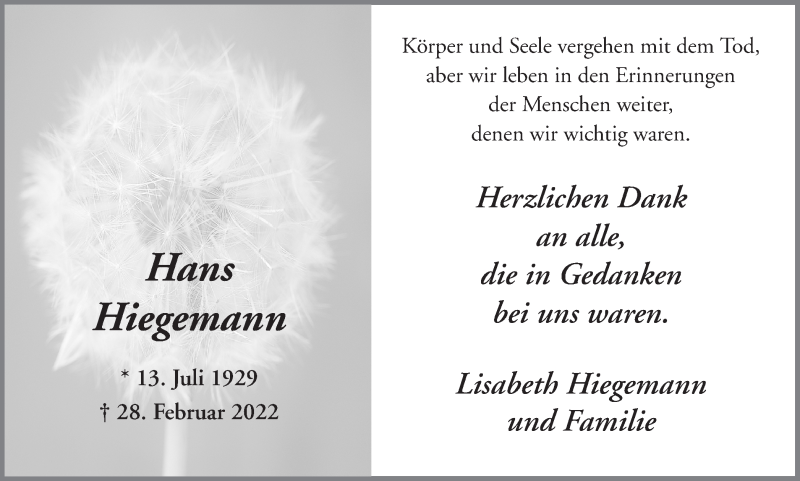  Traueranzeige für Hans Hiegemann vom 09.04.2022 aus Ruhr Nachrichten und Halterner Zeitung