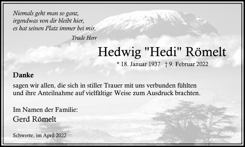  Traueranzeige für Hedwig Römelt vom 09.04.2022 aus Ruhr Nachrichten