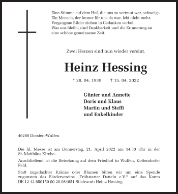 Traueranzeige von Heinz Hessing von Ruhr Nachrichten und Dorstener Zeitung