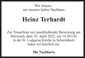 Traueranzeige von Heinz Terhardt von Ruhr Nachrichten und Dorstener Zeitung