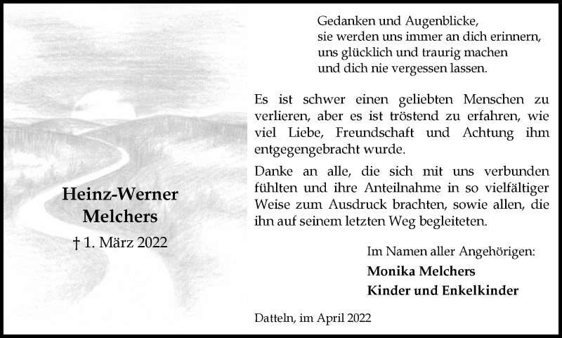  Traueranzeige für Heinz-Werner Melchers vom 20.04.2022 aus Medienhaus Bauer