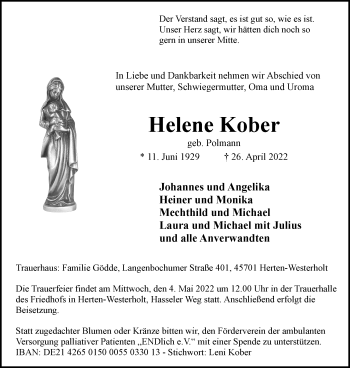 Traueranzeige von Helene Kober von Medienhaus Bauer