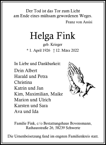 Traueranzeige von Helga Fink von Ruhr Nachrichten