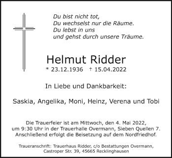 Traueranzeige von Helmut Ridder von Medienhaus Bauer