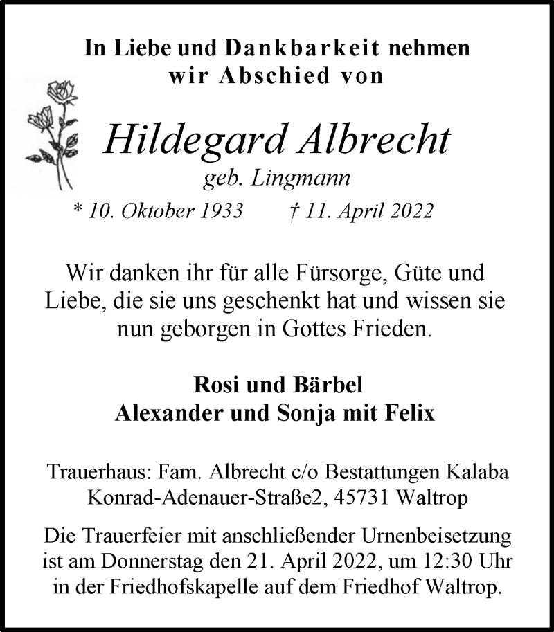  Traueranzeige für Hildegard Albrecht vom 16.04.2022 aus Medienhaus Bauer