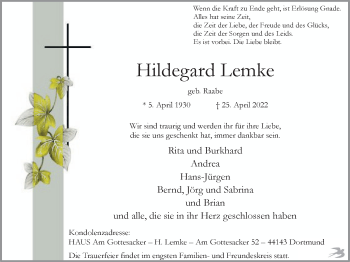 Traueranzeige von Hildegard Lemke 
