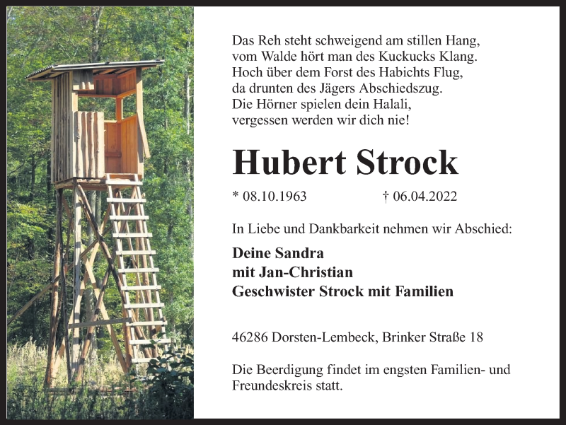  Traueranzeige für Hubert Strock vom 09.04.2022 aus Ruhr Nachrichten und Dorstener Zeitung