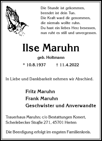 Traueranzeige von Ilse Maruhn von Medienhaus Bauer