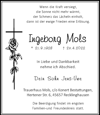 Traueranzeige von Ingeborg Mols von Medienhaus Bauer