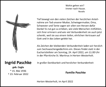 Traueranzeige von Ingrid Paschke von Medienhaus Bauer