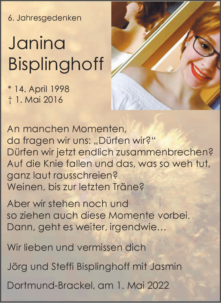  Traueranzeige für Janina Bisplinghoff vom 30.04.2022 aus 