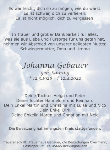 Traueranzeige von Johanna Gebauer von Medienhaus Bauer