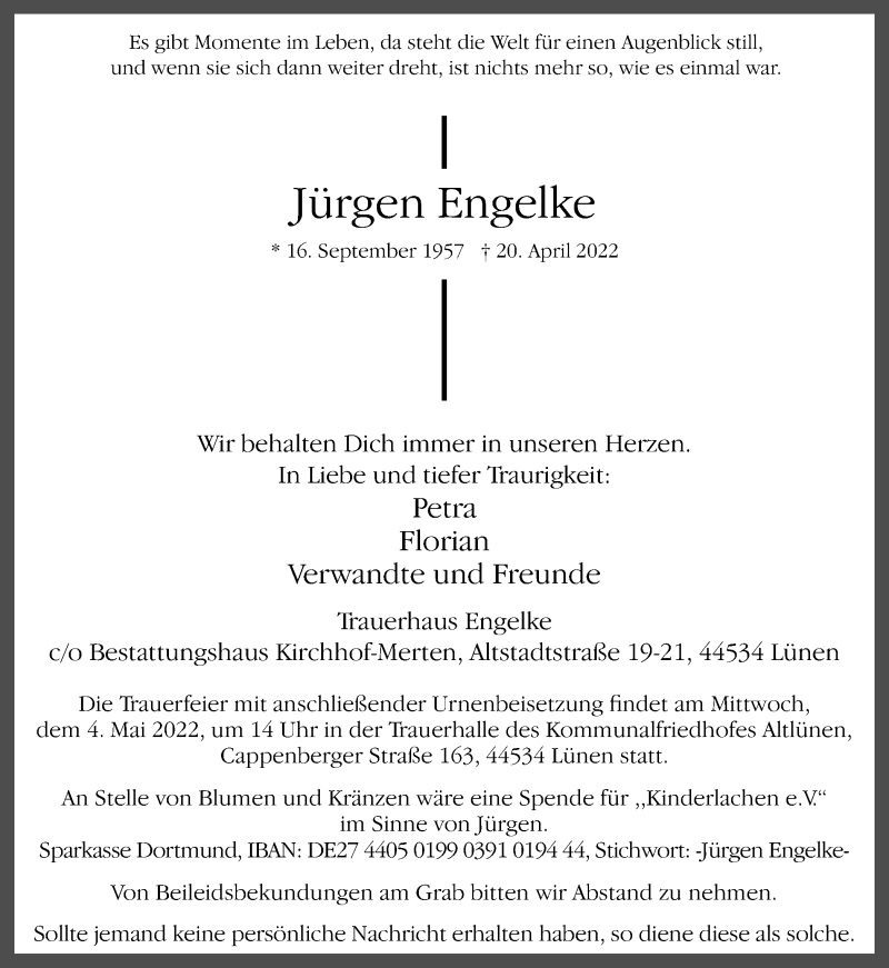  Traueranzeige für Jürgen Engelke vom 30.04.2022 aus Ruhr Nachrichten