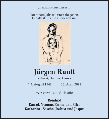 Traueranzeige von Jürgen Ranft von Ruhr Nachrichten und Dorstener Zeitung