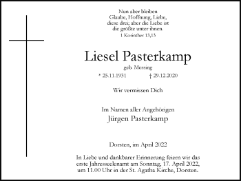 Traueranzeige von Liesel Pasterkamp von Ruhr Nachrichten und Dorstener Zeitung
