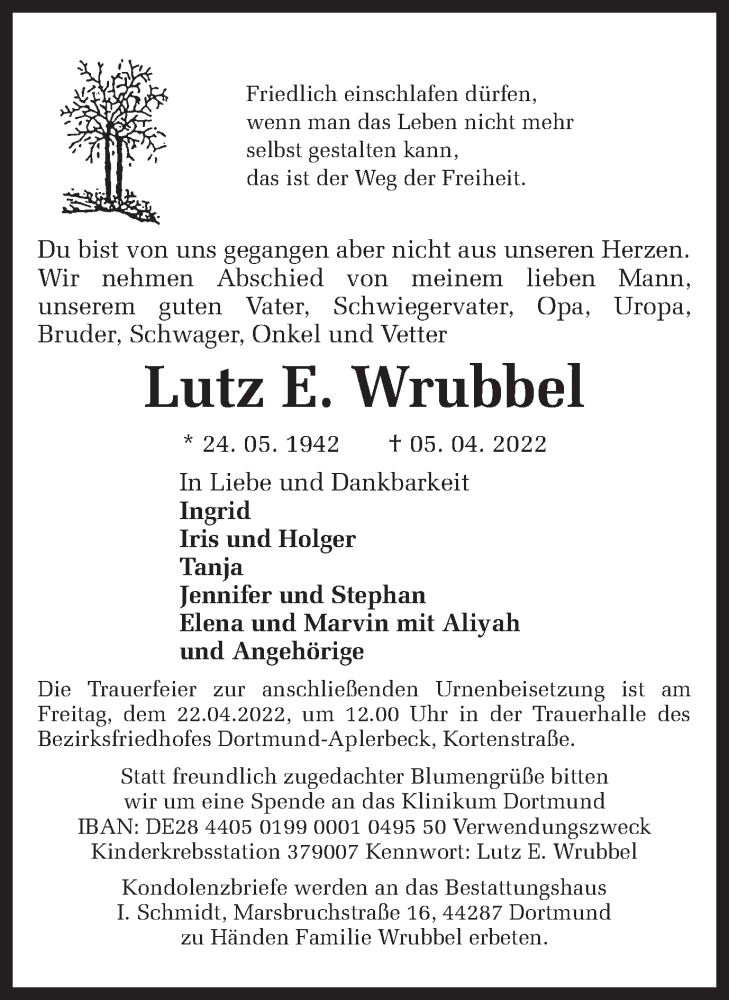  Traueranzeige für Lutz E. Wrubbel vom 09.04.2022 aus 