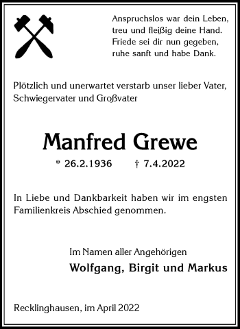 Traueranzeige von Manfred Grewe von Medienhaus Bauer
