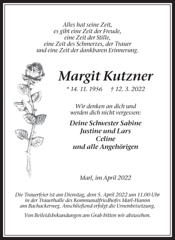 Traueranzeige von Margit Kutzner von Medienhaus Bauer