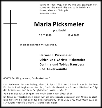 Traueranzeige von Maria Picksmeier von Medienhaus Bauer