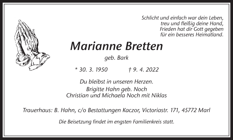  Traueranzeige für Marianne Bretten vom 20.04.2022 aus Medienhaus Bauer