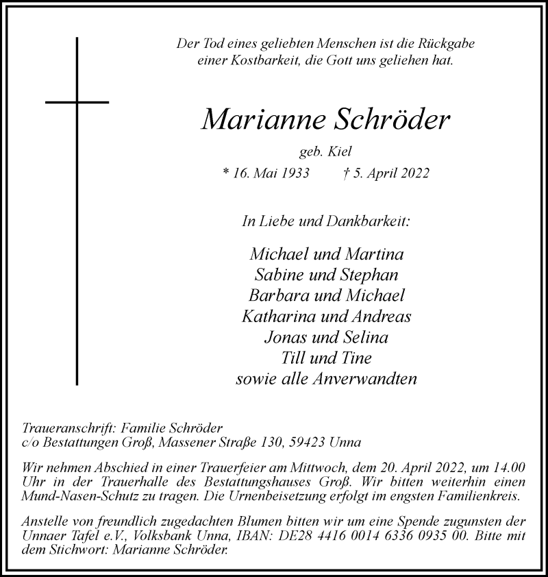  Traueranzeige für Marianne Schröder vom 09.04.2022 aus Hellweger Anzeiger