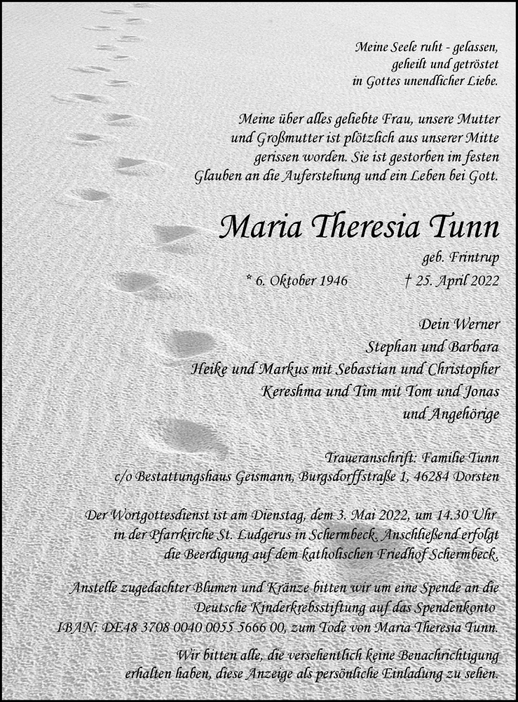  Traueranzeige für Maria Theresia Tunn vom 30.04.2022 aus Ruhr Nachrichten und Dorstener Zeitung