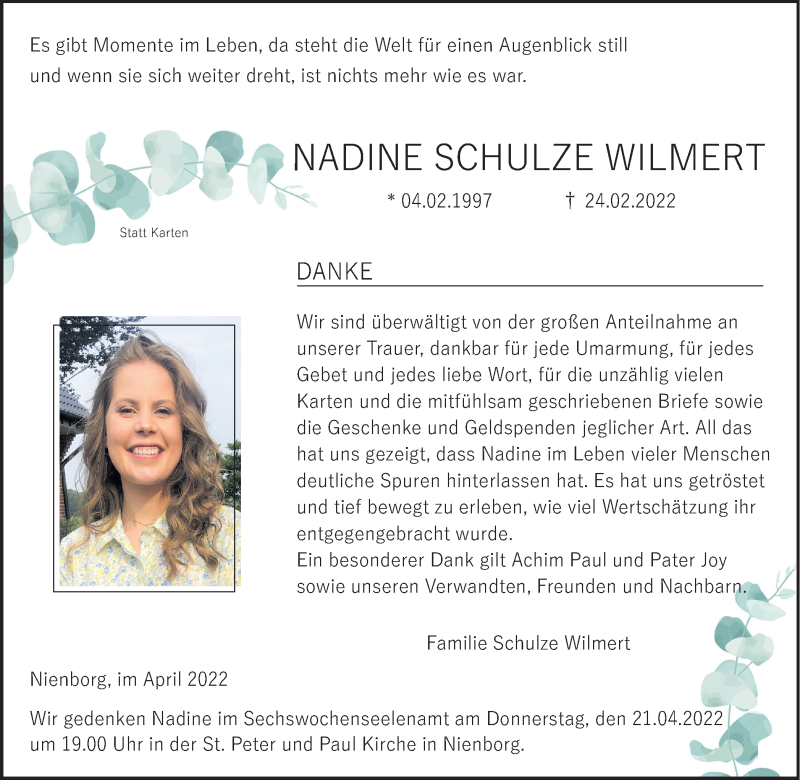  Traueranzeige für Nadine Schulze Wilmert vom 16.04.2022 aus Münstersche Zeitung und Münsterland Zeitung