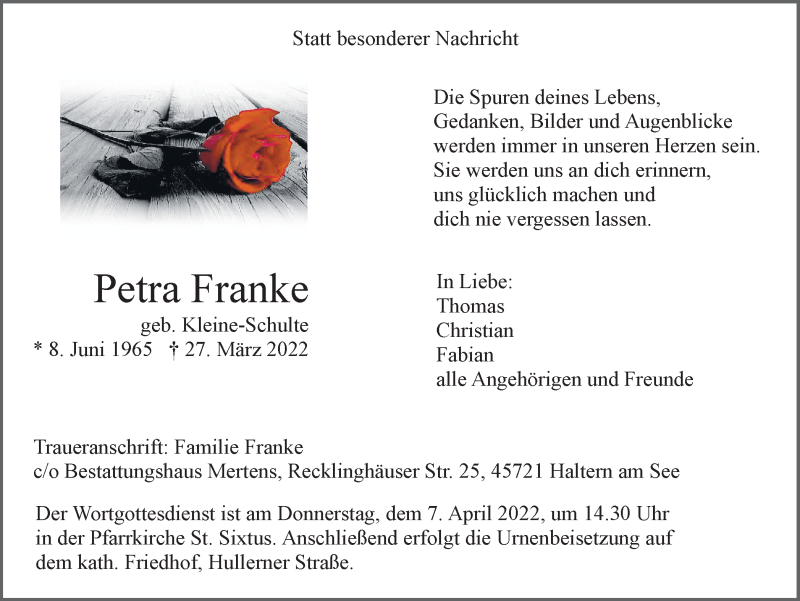  Traueranzeige für Petra Franke vom 02.04.2022 aus Ruhr Nachrichten und Halterner Zeitung