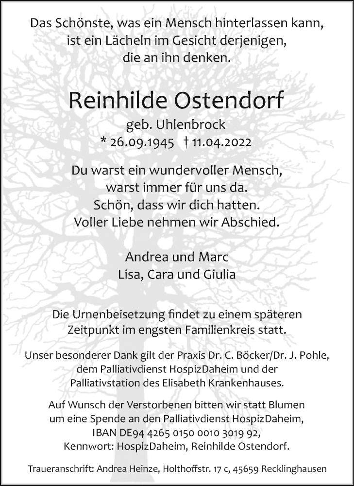  Traueranzeige für Reinhilde Ostendorf vom 23.04.2022 aus Medienhaus Bauer