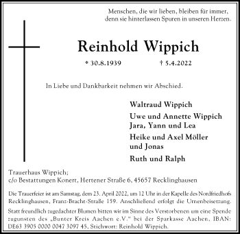 Traueranzeige von Reinhold Wippich von Medienhaus Bauer