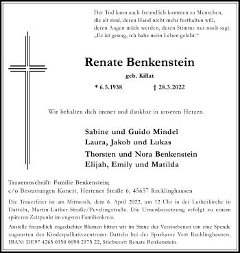 Traueranzeige von Renate Benkenstein von Medienhaus Bauer
