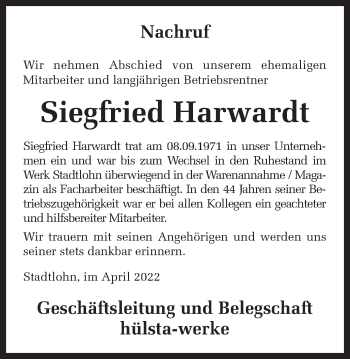 Traueranzeige von Siegfried Harwardt von Münstersche Zeitung und Münsterland Zeitung