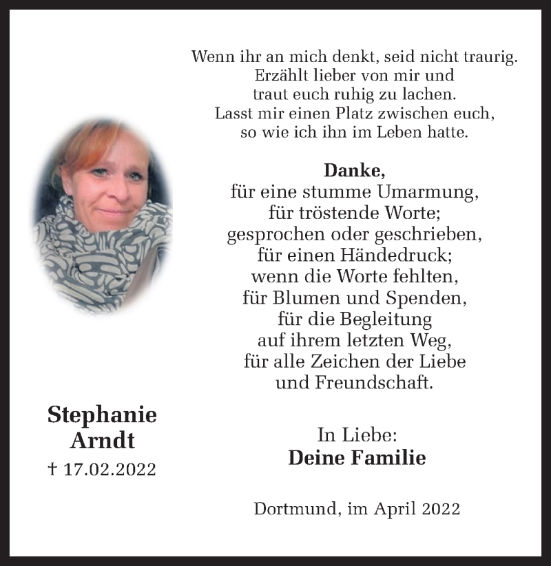  Traueranzeige für Stephanie Arndt vom 02.04.2022 aus 