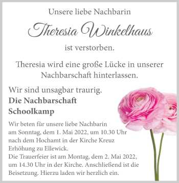 Traueranzeige von Theresia Winkelhaus von Münstersche Zeitung und Münsterland Zeitung