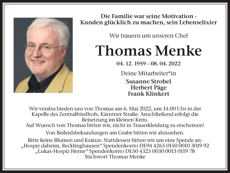 Traueranzeige für Thomas Menke vom 30.04.2022 aus Medienhaus Bauer