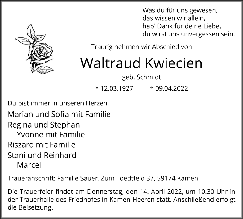  Traueranzeige für Waltraud Kwiecien vom 12.04.2022 aus Hellweger Anzeiger