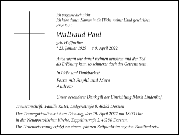 Traueranzeige von Waltraud Paul von Ruhr Nachrichten und Dorstener Zeitung